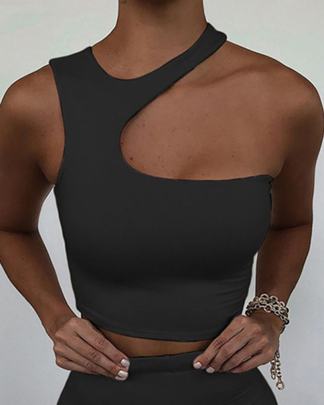 Hot Selling Women's Sexy Shoulder Digging Irregular Short Sports Vest Base Shirt Top S-L