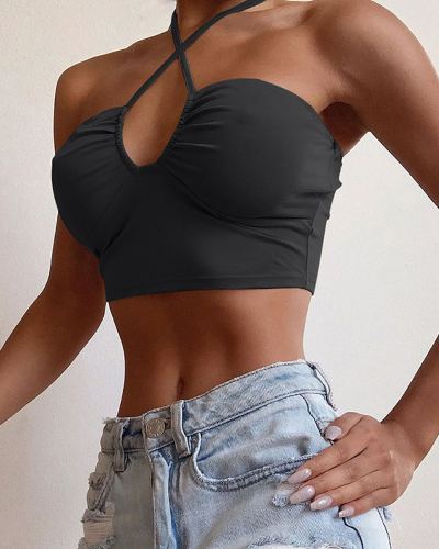 Hanging Neck Chest Wrapped Women's Solid Color Sexy Top S-L