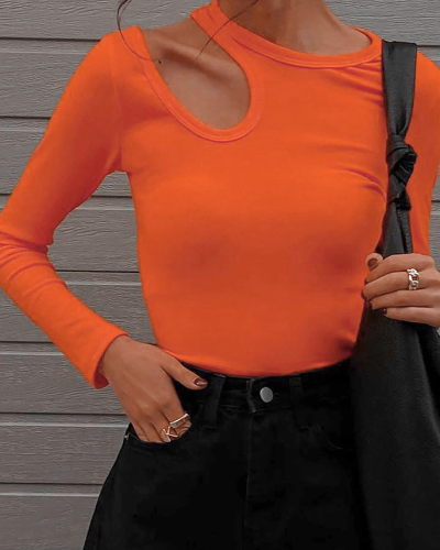 Irregular Hollowed Out Long Sleeved T-Shirt For Women Top S-L