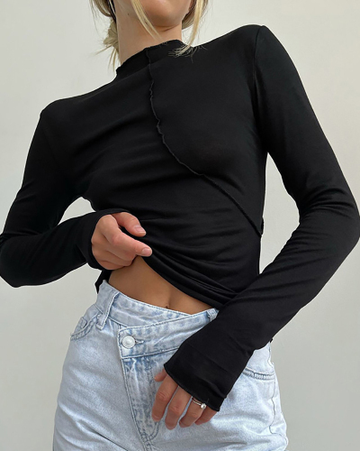 Long Sleeved Semi High Neck Base Shirt Top For Women S-L