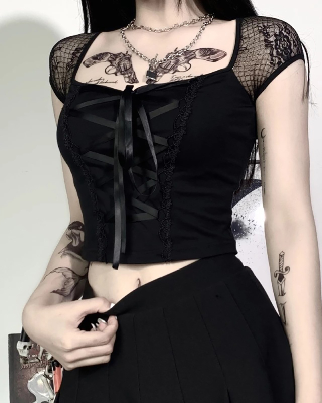 Sexy Street Lace Patchwork Square Neck Short Sleeved Top S-XL
