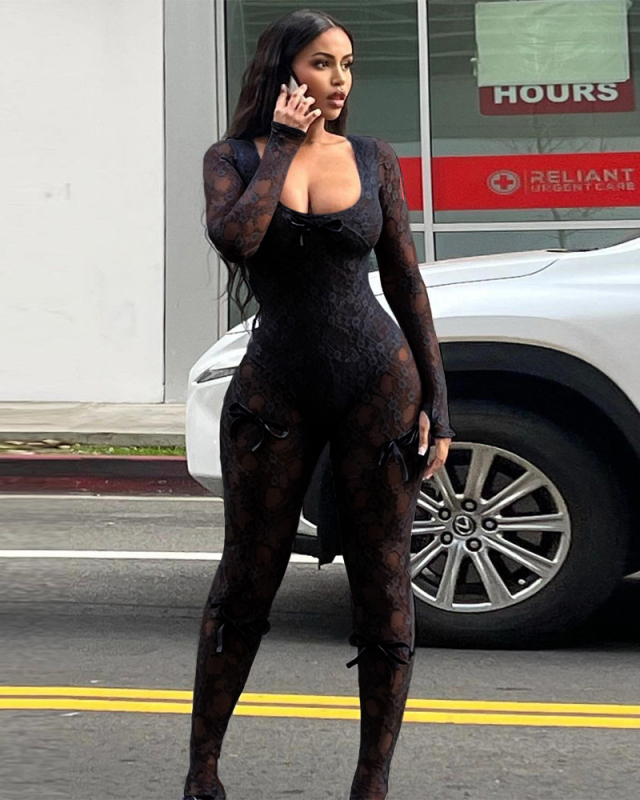 Long Sleeve Lace See Through Women Sexy Jumpsuit S-L