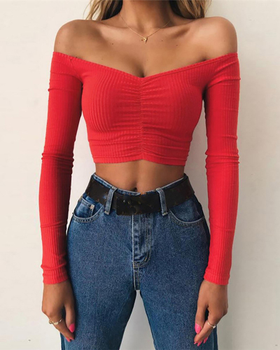 Women's Long Sleeved One Shoulder Slim Fit Cropped Short T-Shirt  S-L