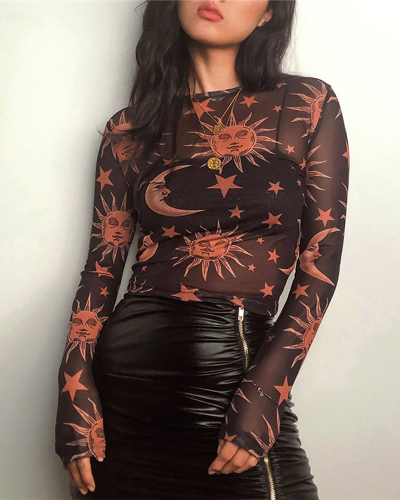 Long Sleeved Mesh See Through Round Neck Base T-Shirt  S-L