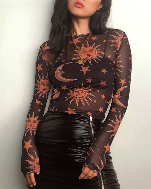Long Sleeved Mesh See Through Round Neck Base T-Shirt  S-L