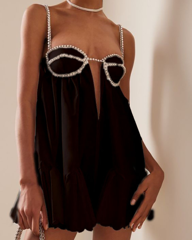 Women Pleated Camisole Women's Summer Short Semi Transparent Lace Up Diamond Studded Dress