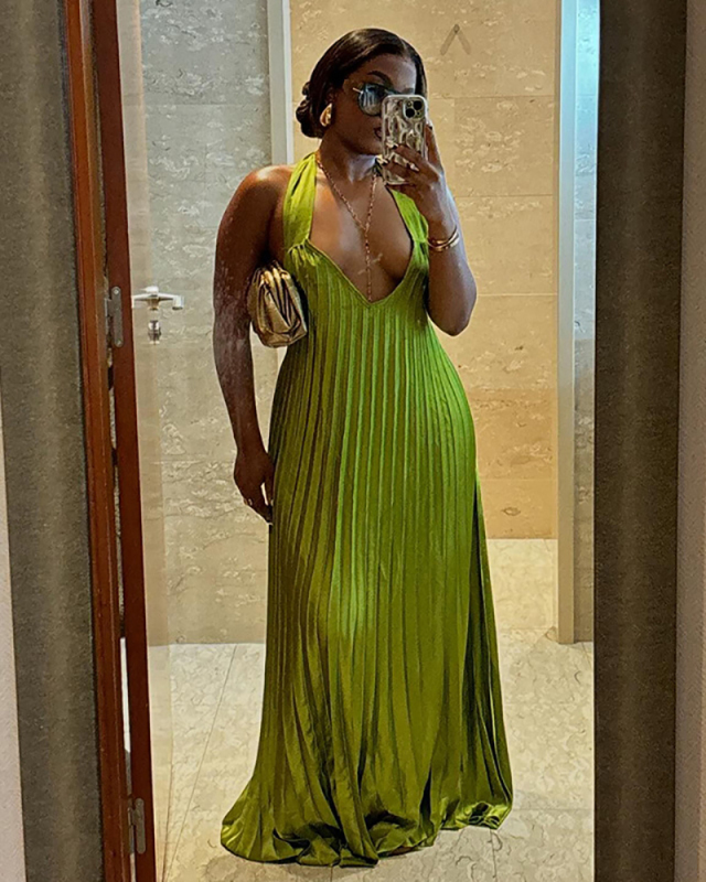 Sweety Halter Deep V Neck Backless Ruched Big Hems Maxi Vacation Dress Green S-2XL