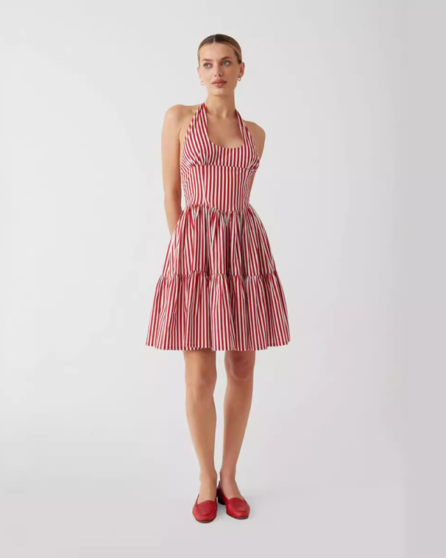 Women Sleevelss Sweet Stripe Halter V Neck Mini Dress Red White S-XL