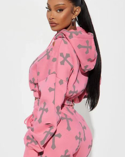 Pink Printed Women Fashion Winter Two Piece Pant Outfits S-XL