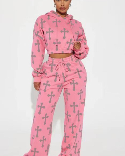 Pink Printed Women Fashion Winter Two Piece Pant Outfits S-XL