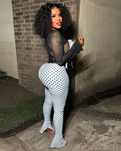 Black Mesh Long Sleeve T-Shirt With Pants Two Piece Pant Set S-XXL