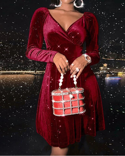 Elegant Women V Neck Long Sleeve Velvet Midi Christmas Dress Red Green Brown Blue S-XL