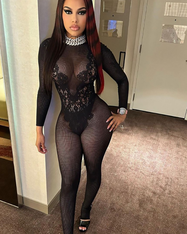 Black Fishnet Women Sexy Jumpsuit Black One Size