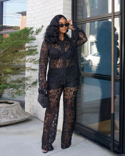 Lace See Through Women Long Sleeve Casual Two Piece Pant Set S-XXL