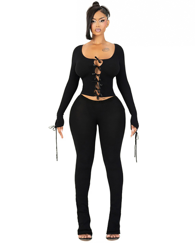 Fashion Street Style Casual Long Sleeve Knot Bow Hollow Out Tops Slim Pants Two Piece Outfit Black Pink S-L