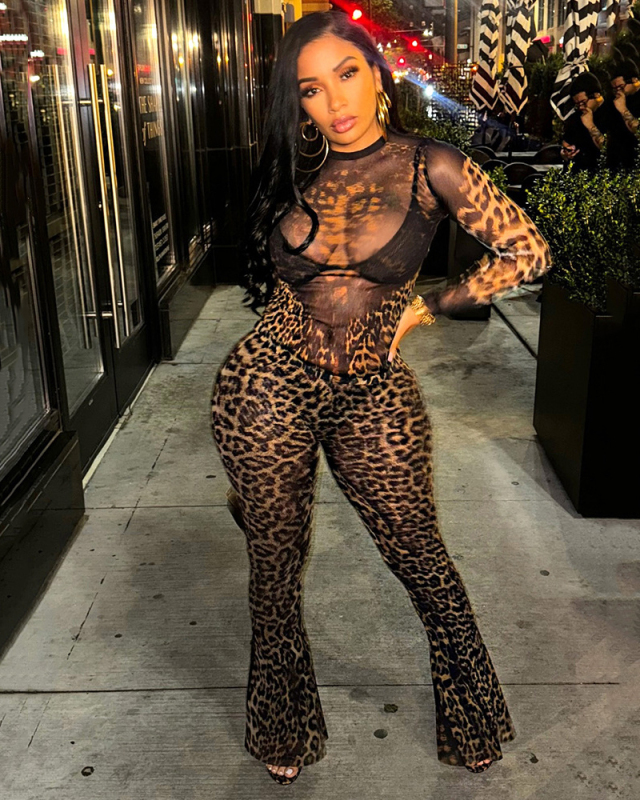 Autumn New Sexy Leopard Long Sleeve Crop Top High Waist Wide Leg Pants Two Piece Sets S-L