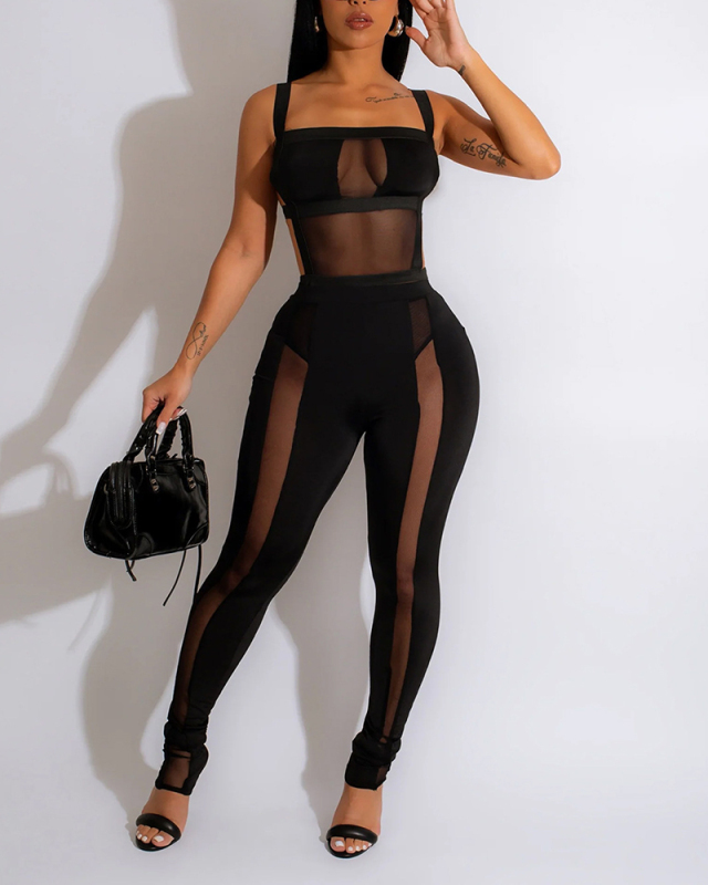 Black Sleeveless Women Mesh Fashion Jumpsuit S-XXL