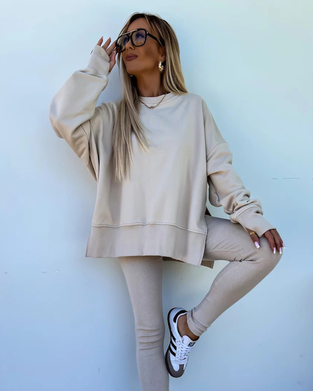 Casual Long Sleeve Side Slit Pullover Slim Pants Two Piece Sets S-XL