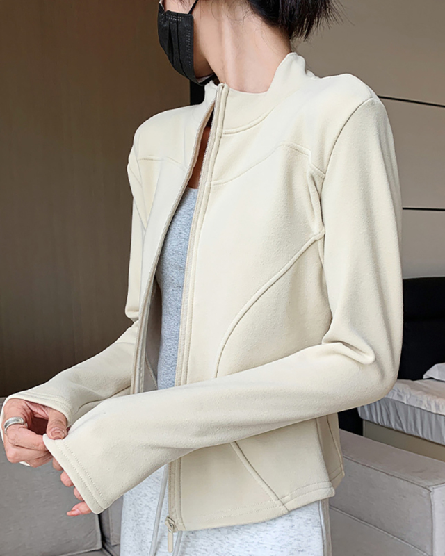 Women Winter Running Fleece Zipper Stand Collar Long Sleeve Coat S-2XL