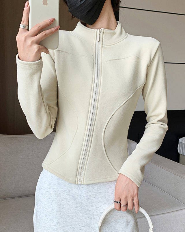 Women Winter Running Fleece Zipper Stand Collar Long Sleeve Coat S-2XL