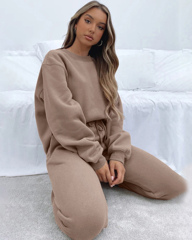 Autumn Crew Neck Solid Color Long Sleeve Casual Pullover Top Trouser Two Piece Outfit S-XL