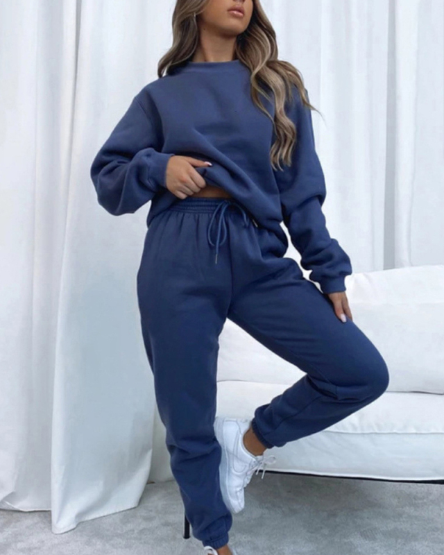 Autumn Crew Neck Solid Color Long Sleeve Casual Pullover Top Trouser Two Piece Outfit S-XL