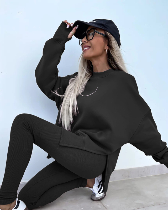 Casual Long Sleeve Side Slit Pullover Slim Pants Two Piece Sets S-XL