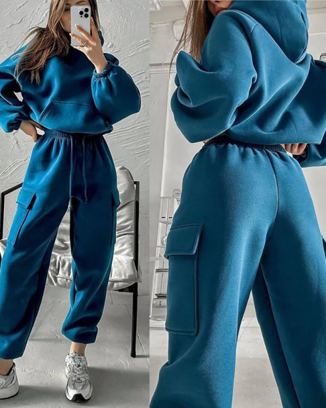 Women Winter Warm Causal Hoodies Pocket Pants Trouser Two Piece Sets S-XL