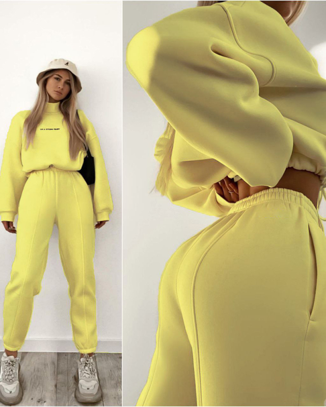 High Neck Printed Long Sleeve Pullover Top Trouser Two Piece Sets S-XL