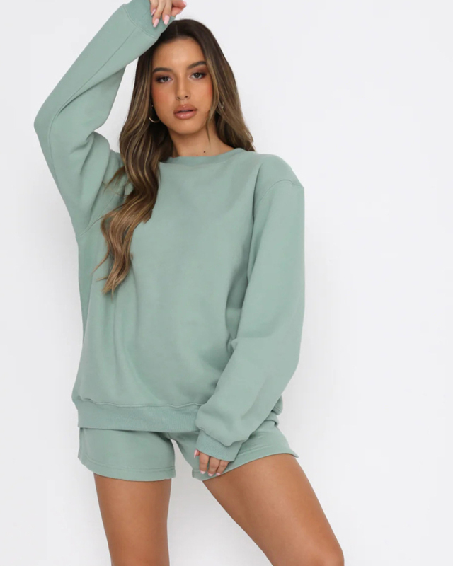 Women Long Sleeve Fashion O Neck Pullover Shorts Two Piece Sets S-XL