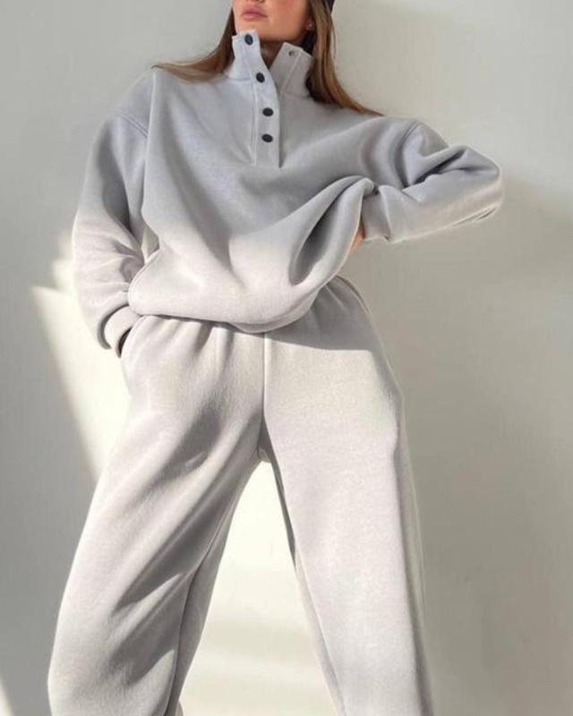 Fashion Button Stand Neck Warm Pullover Sweatshirt Trouser Pants 2 Pcs Sets Black Grey White Apricot S-XL