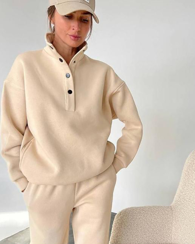 Fashion Button Stand Neck Warm Pullover Sweatshirt Trouser Pants 2 Pcs Sets Black Grey White Apricot S-XL