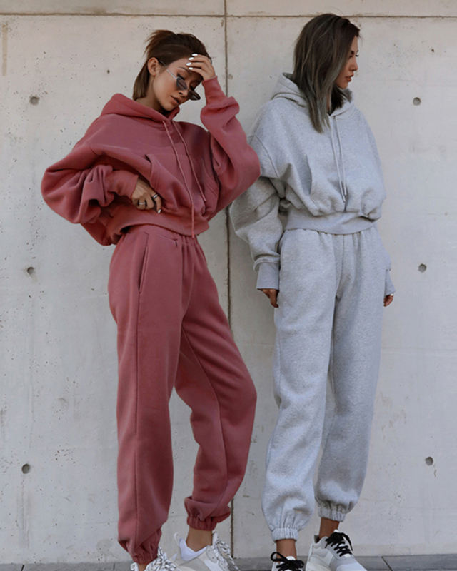 Casual Loose Oversize Long Sleeve Hoodies High Waist Warm Pants Two Piece Set Light Grey Pink Khaki Black S-XL