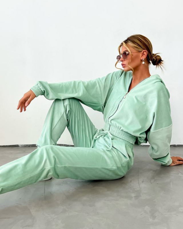 Fleece Long Sleeve Full Zipper Hoodies Coat Trouser Casual Two Piece Sets Blue Green Rosy S-XL
