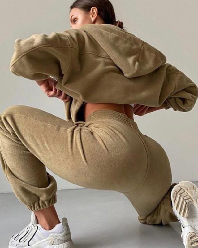 Thick Warm Hoodies Full Zipper Casual Housewear Coat Pants Two Piece Sets S-XL