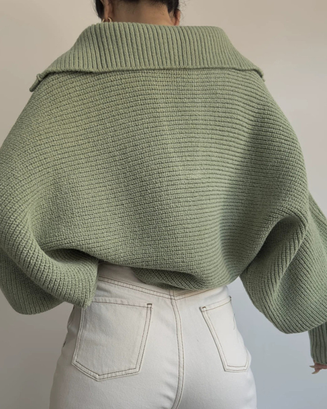 Women Fashion Lapel V Neck Loose Long Sleeve Sweater S-XL