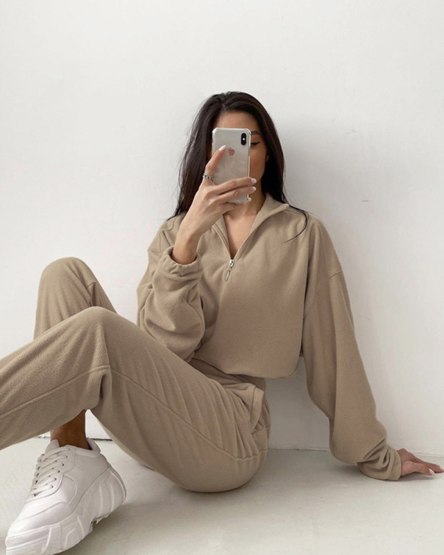 Zipper Neck Stand Collar Long Sleeve Trouser Hoodies Two Piece Outfits S-XL