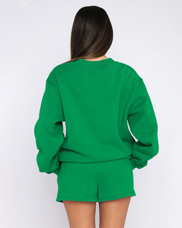 2 Pcs Sets Crew Neck Long Sleeve Pullover Thick Warm Autumn Tops Shorts Fashion S-XL