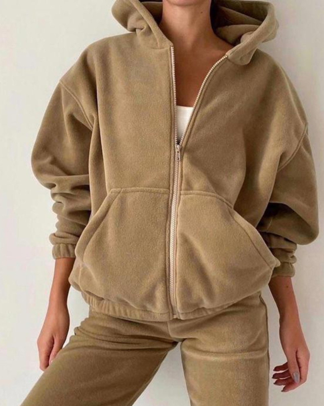 Thick Warm Hoodies Full Zipper Casual Housewear Coat Pants Two Piece Sets S-XL