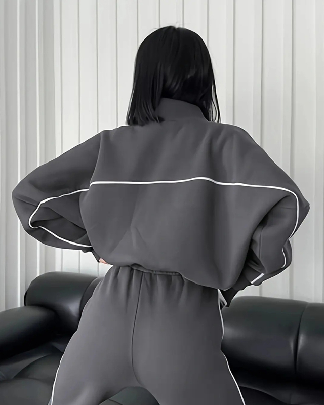 Long Sleeve Striped Stand Collar Full Zipper Coat Sweatpants Two Piece Sets S-XL