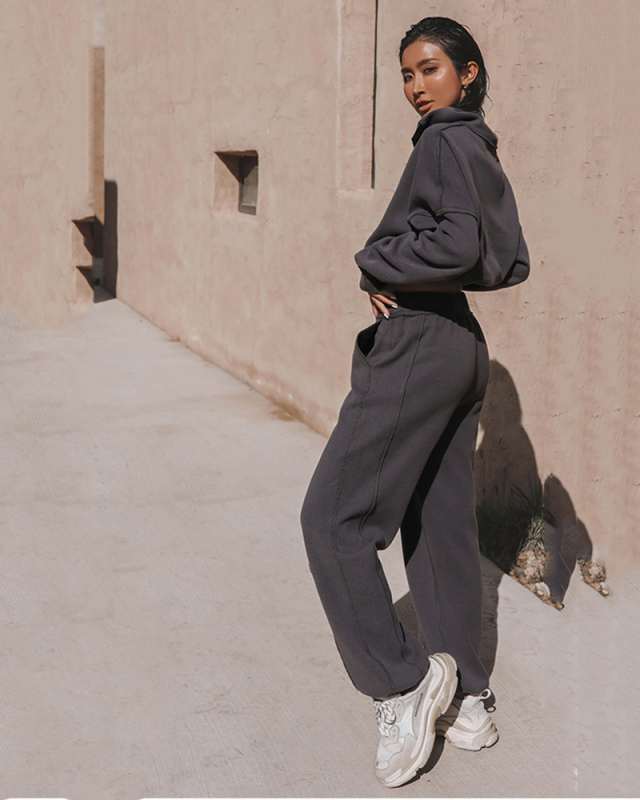Street Style Fashion Long Sleeve Casual Pullover Wide Leg Pants Two Piece Sets Grey Apricot S-XL