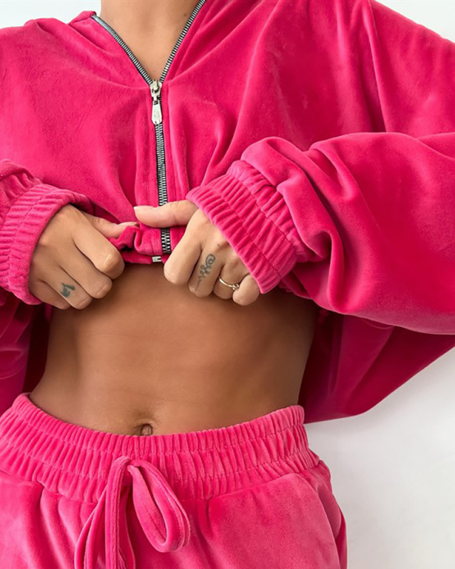 Fleece Long Sleeve Full Zipper Hoodies Coat Trouser Casual Two Piece Sets Blue Green Rosy S-XL