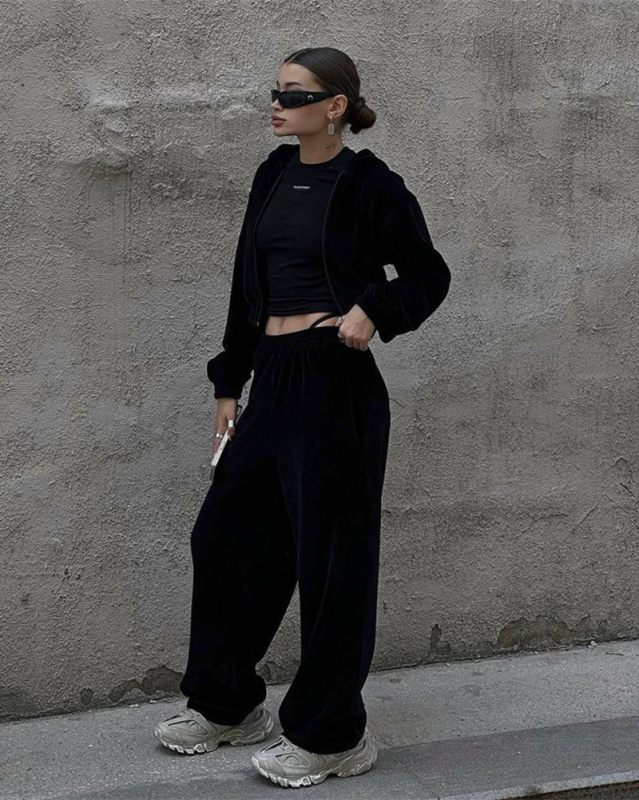 Hot Street Style Women Long Sleeve Hoodies Coat High Waist Pants Two Piece Sets Apricot Black Blue Light Grey Pink S-XL