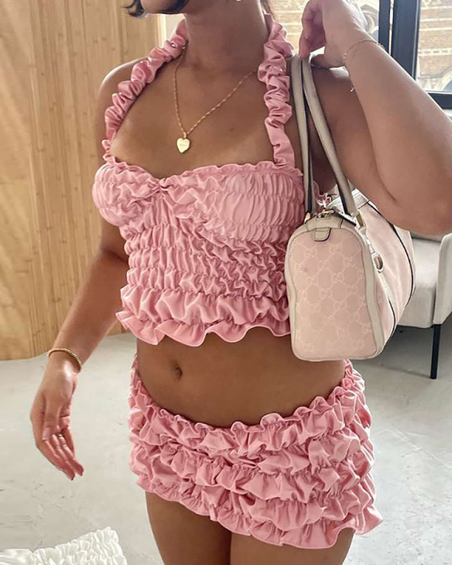 Pink Wholesale Summer Cute Two Piece Skirt Set S-L