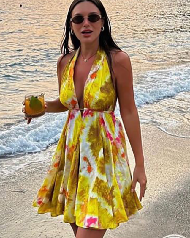 Deep V-neck Yellow Printed Summer Dress XS-L