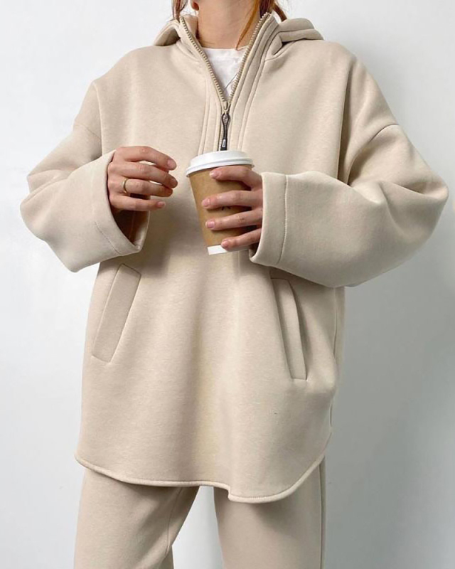 Women Half Zipper Long Sleeve Fashion Casual Warm Pullover Pants Two Piece Sets S-XL