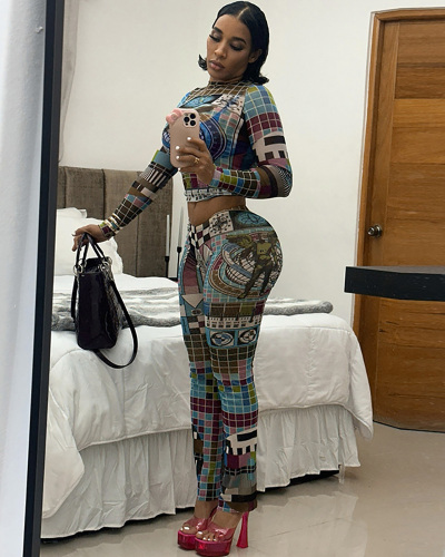 Digital Printed Wholesale Women New Slim Two Piece Pant Set S-L