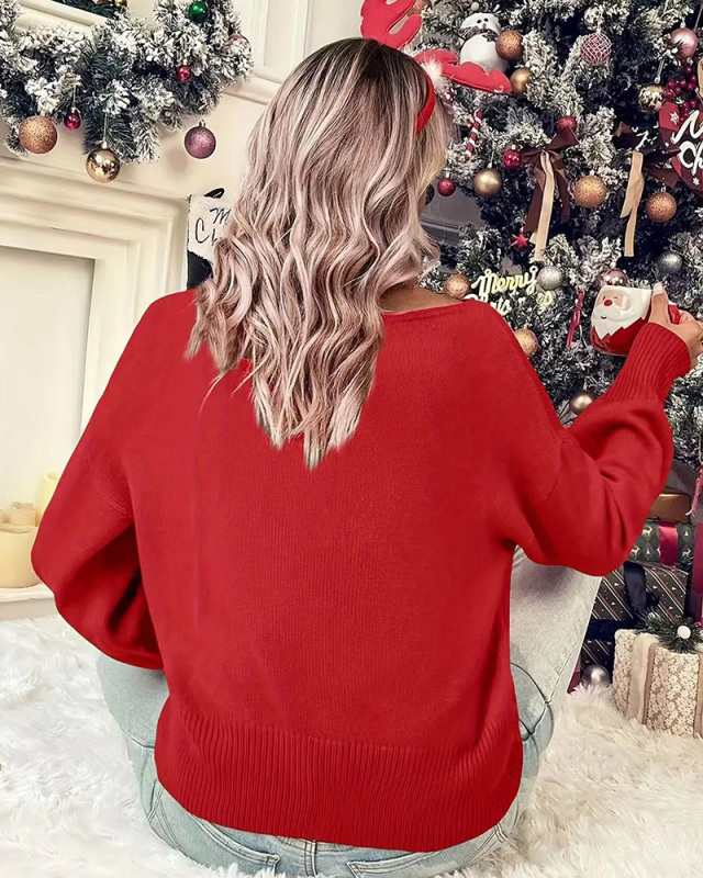 O neck Long Sleeve Christmas Sweater Tops S-XL