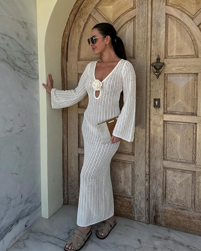 V-neck Wholesale Long Beach Knitted Dress S-L