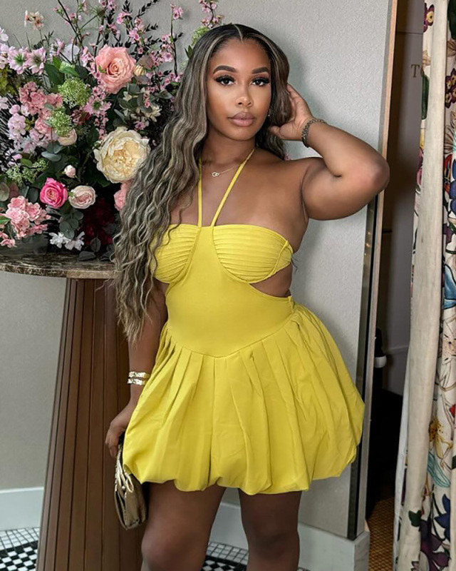 Sweety Girl Halter Neck Open Back Yellow Cute Dress S-XL